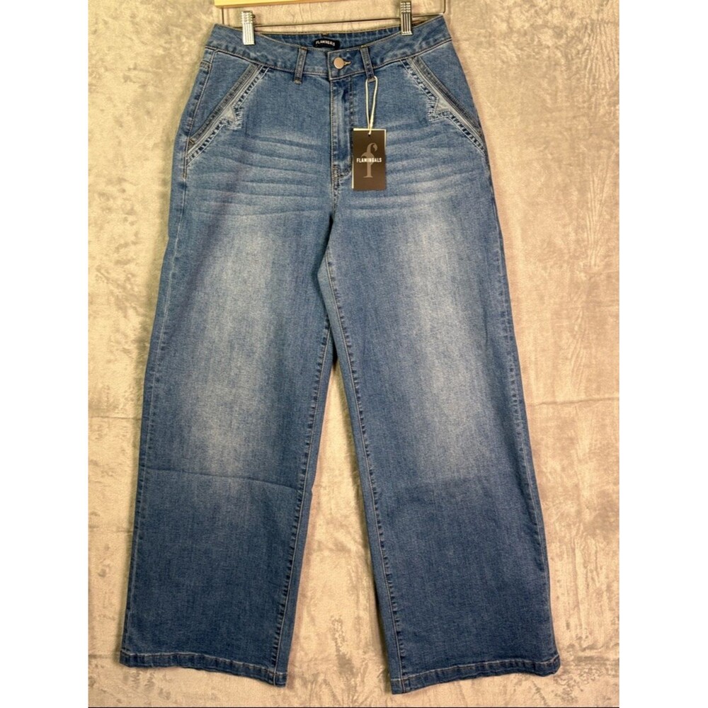 NWT Flamingals Medium Wash Embellished Pockets Wide Leg Denim Jeans Size Medium